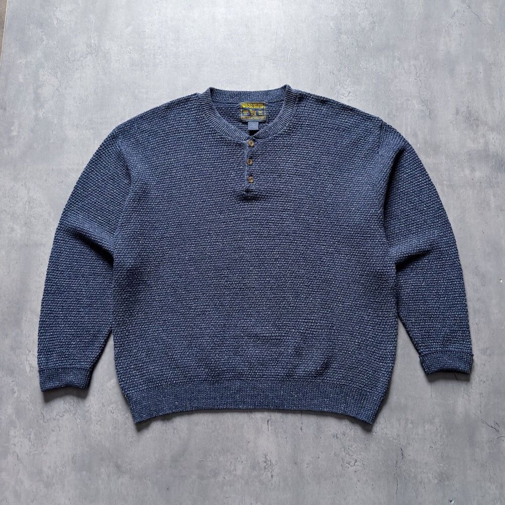 VTG Woolrich Mens XL Sweater Made in USA Navy Cotton Henley Waffle Knit Pullover
